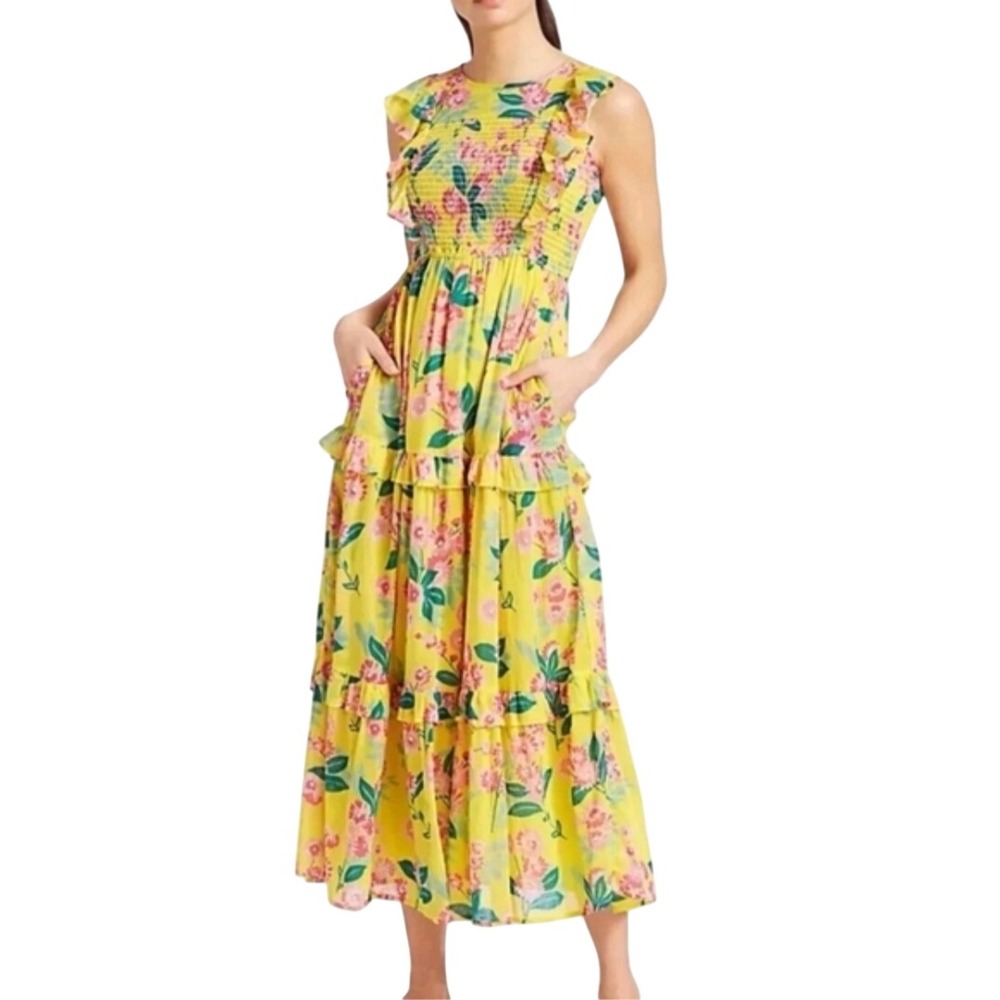 Banjanan Iris Dress Yellow Floral Cotton Smocked Tiered Maxi Pockets Size M NEW